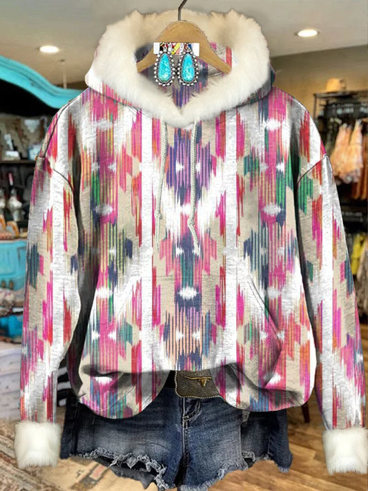 Rose Pink Vintage Aztec Print Imitation Rabbit Fur Trim Casual Hoodie Sweatshirt