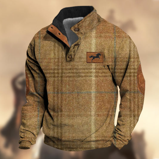 Men's Vintage Country Western Horse Khaki Wool Plaid Print Stand Collar Sweatshirt