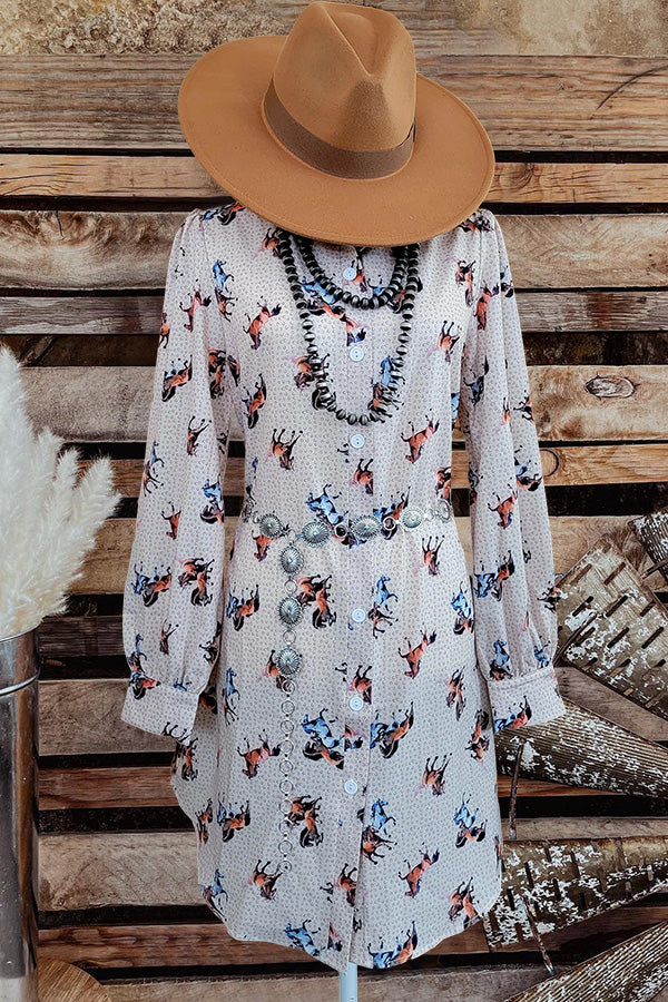 Casual Western Print Button Up Shirt Dress