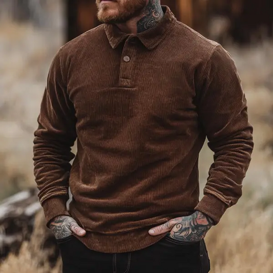 Men's Vintage Corduroy Polo Collar Long Sleeve Casual Sweatshirt