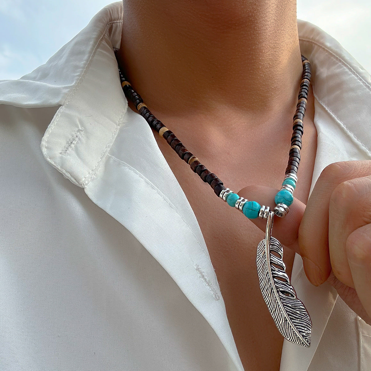 Bohemian Vintage Wood Bead Turquoise Feather Necklace