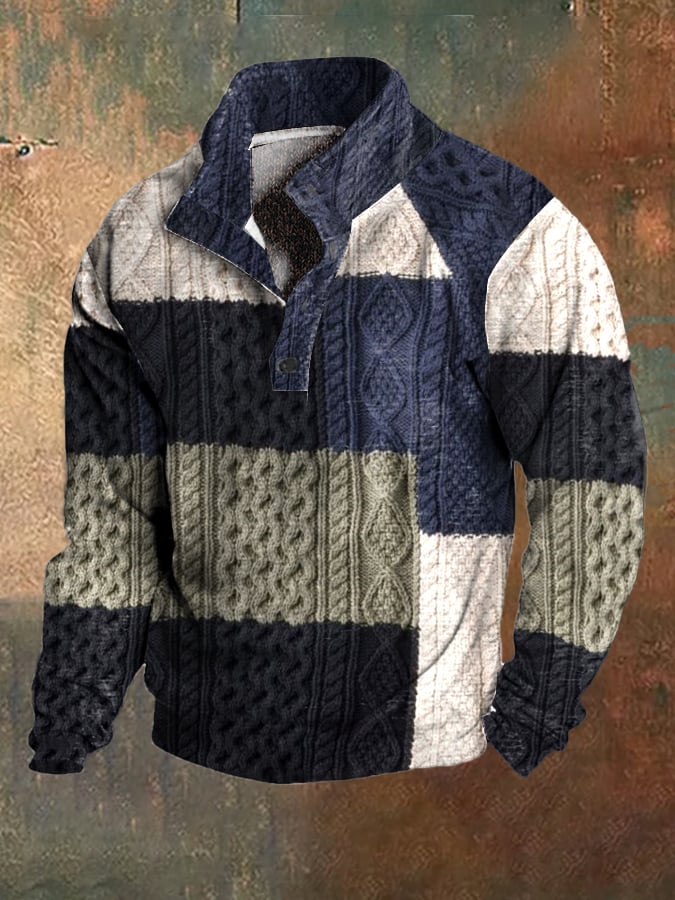 Men's Vintage Print Button Casual Long Sleeve Sweatshirt