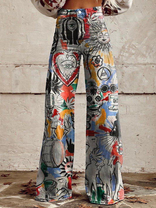 Women's Retro Hippie Graffiti Print Casual Wide Leg Pants