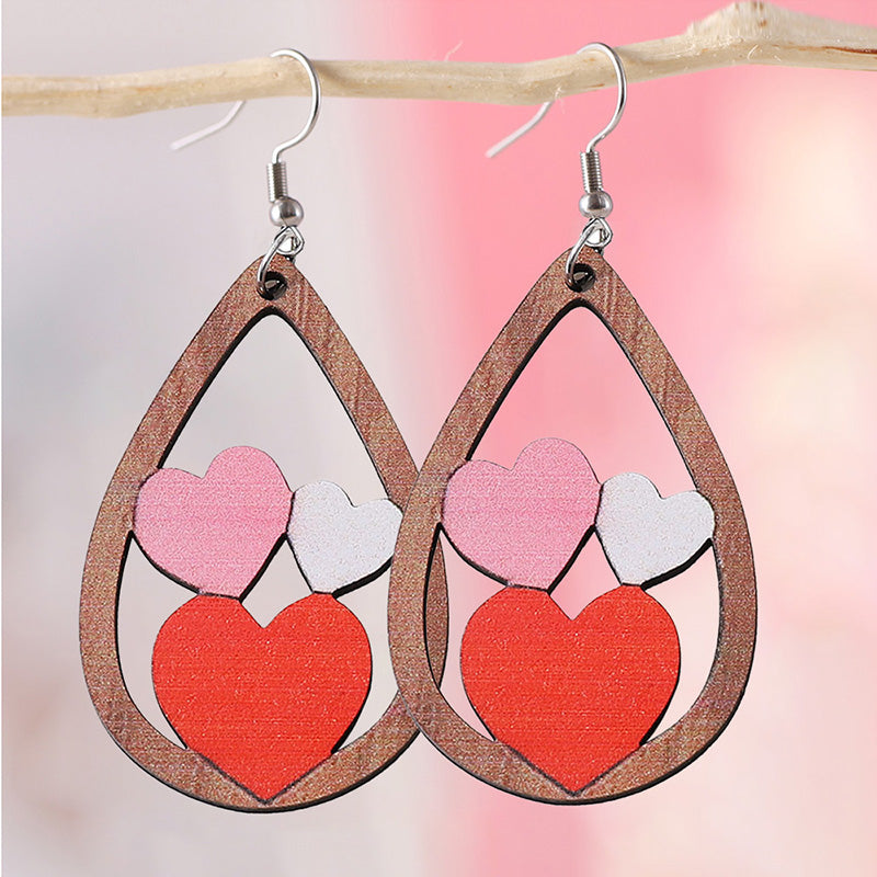 Valentine's Day Heart Patchwork Wooden Drop Earrings