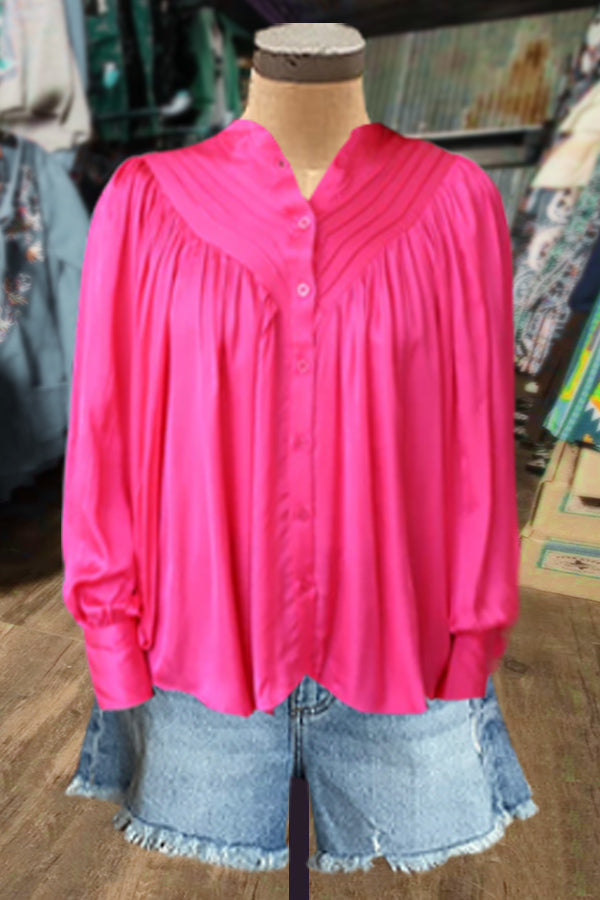 Solid Satin Pleated Button Up Top