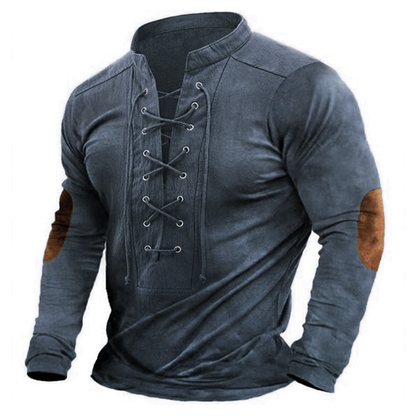 Men's Outdoor Suede Patchwork Drawstring Collar Long Sleeve T-Shirt