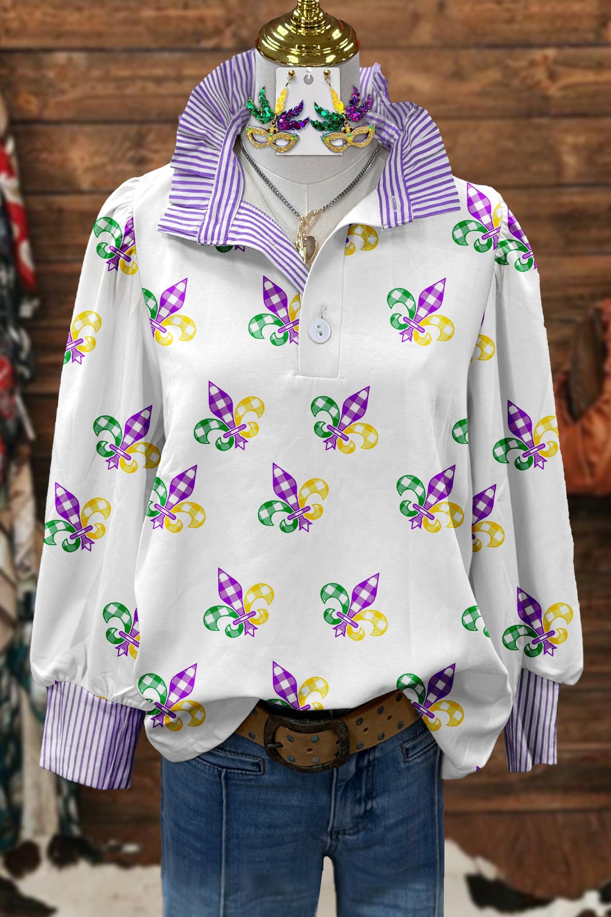 Mardi Gras Stripe Print Stand Collar Blouse