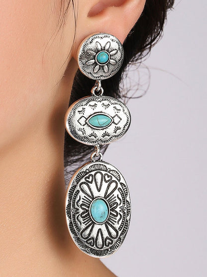 Western Cowboy Retro Turquoise Ethnic Exaggerated Alloy Earrings-0520