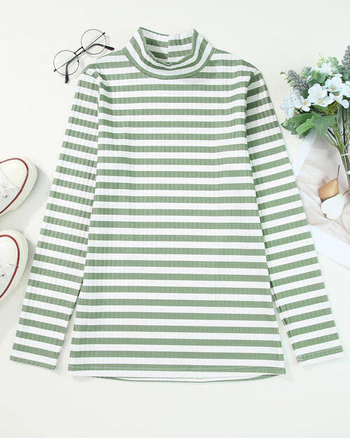 Double Take Striped Mock Neck Long Sleeve Knit Top