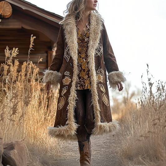 Women's Vintage Ethnic Style Printed In Sand Color Fur Patchwork Suede Jacket Long Afghan Coat