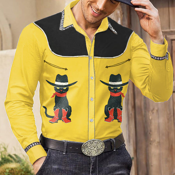 Men's Vintage Western Cowboy Black Cat  Art Long Sleeved Shirt