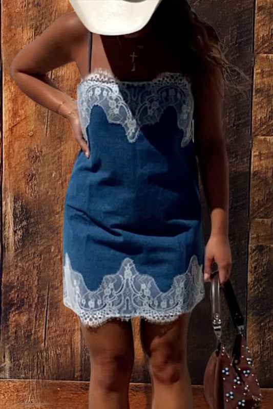 Lace Paneled Denim Dress