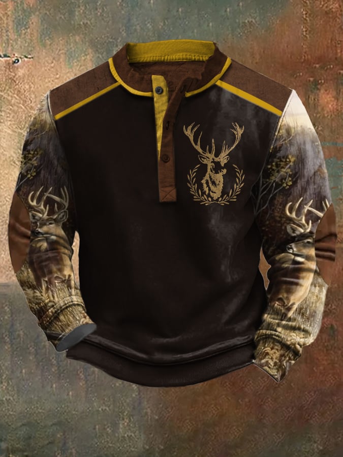 Men's Casual Vintage Contrast Elk Western Sweatshirt