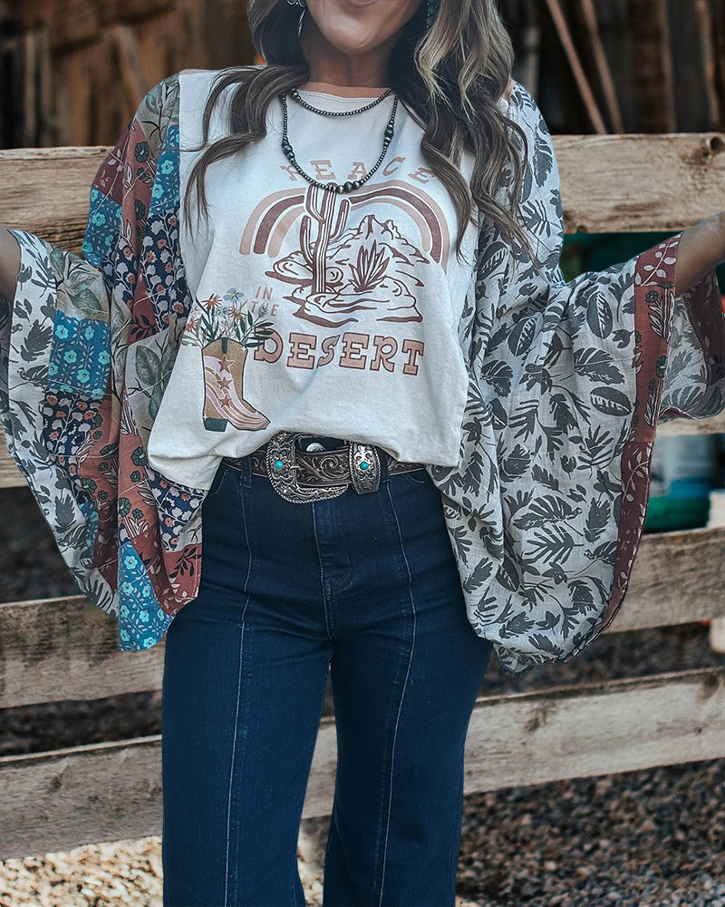 Retro Floral Print Bell Sleeve Shirt