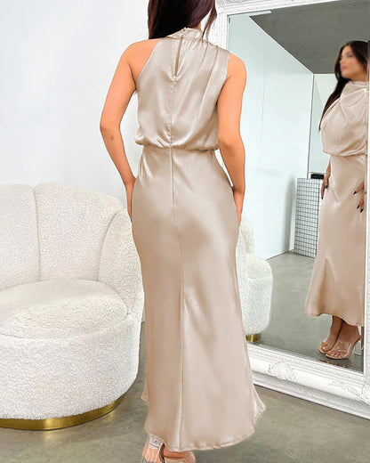 High-end Satin Sleeveless Dress Fashion Elegant Lady Light Evening Dress