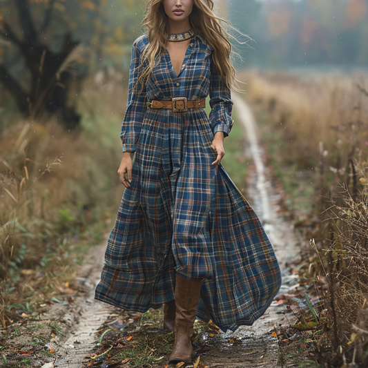 Retro V-neck Plaid Women's Long-sleeved Long Skirt Country Pastoral Retro Dress