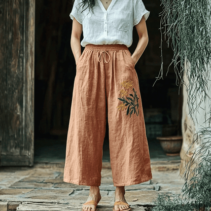 Women's Linen Bohemian Cropped Wide-leg Simple Casual Cropped Pants