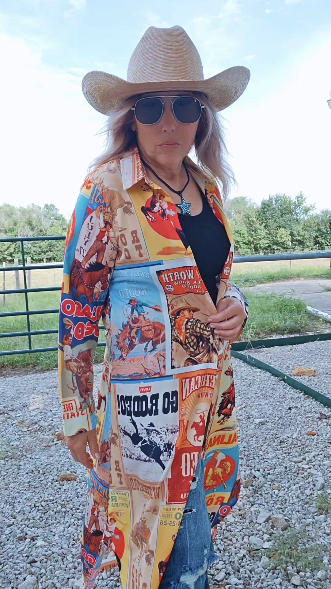 Vintage Rodeo Poster Button-Up Long Sleeve Shirt Duster Dress