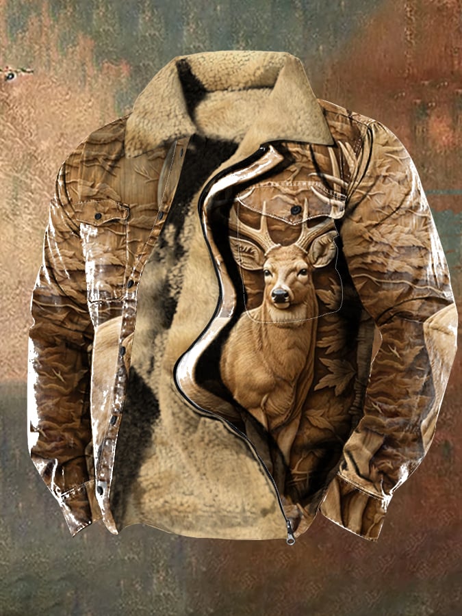 Men's Retro Western Style 3D Deer Print Lapel Zipper Button Velvet Jacket