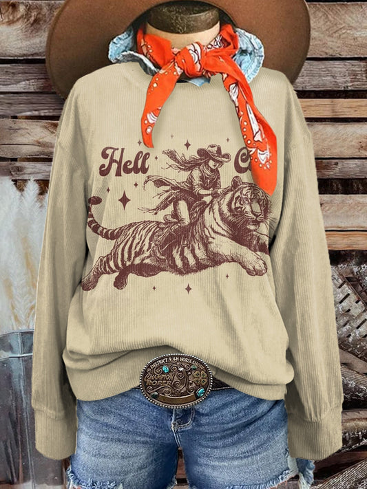 Women's Retro Tiger Riding Cowgirl Print Casual Corduroy Sweatshirt