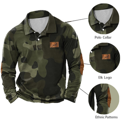 Men's Vintage Camouflage Polo Shirt Outdoor Elk Hunting Casual Long Sleeve Top