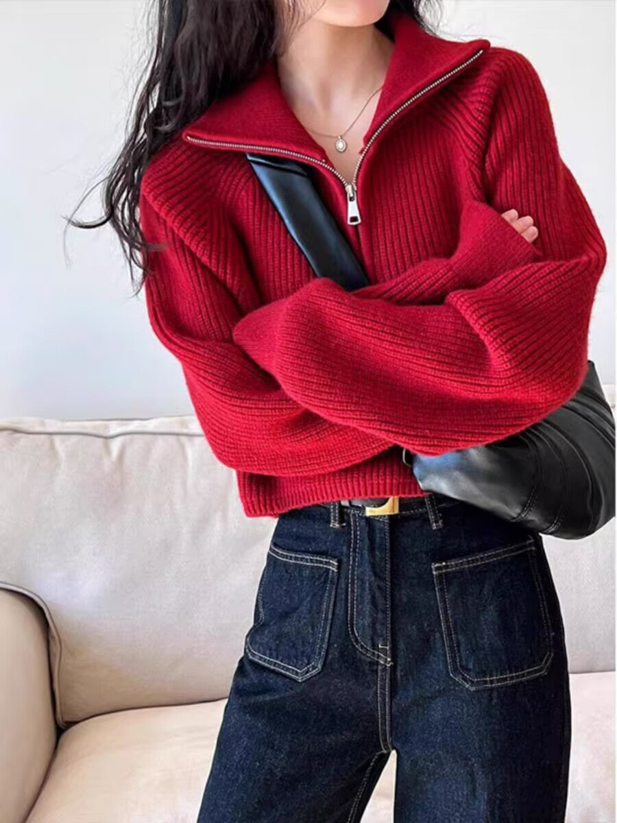 Retro Half Zipper Cropped Bat Sleeve Pullover Sweater Women