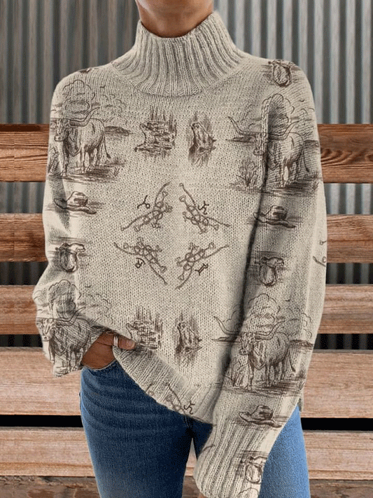 Vintage Print Knit Turtleneck Pullover Sweater