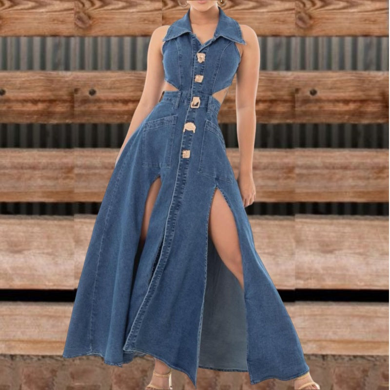 New Polo collar sexy slit hem denim dress