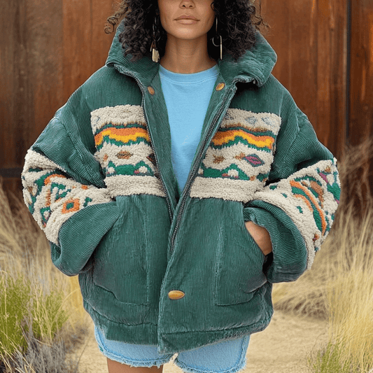 Vintage Ethnic Aztec Corduroy Casual Hooded Jacket