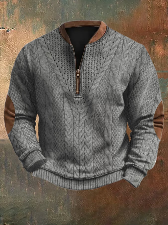 Men's Vintage Knit Print Zip-Up Sweatshirt