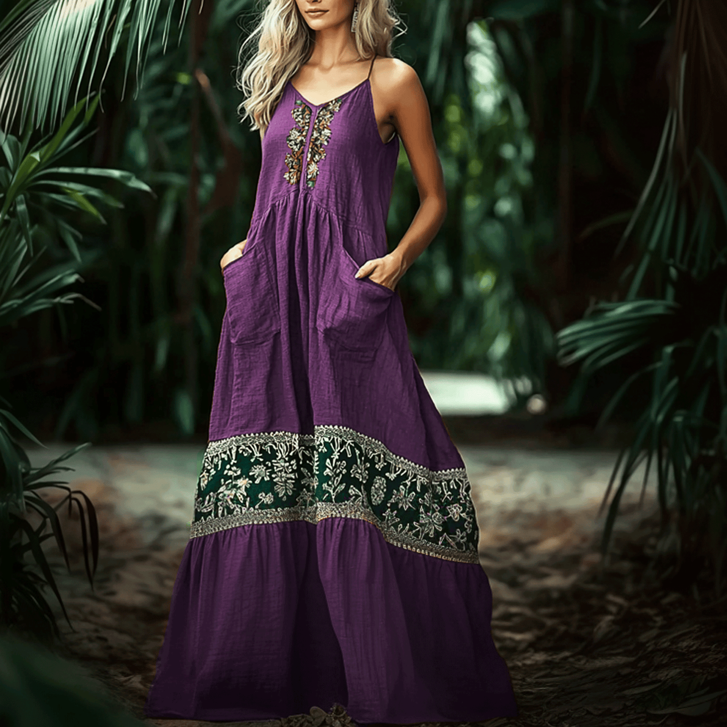 Women's Elegant Ethnic Flower Stitching Oversized Sleeveless Linen Maxi Dress