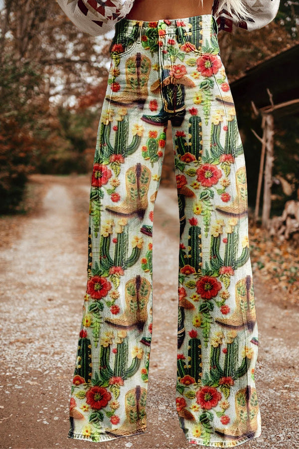 Vintage Western Cactus Wide Leg Pants