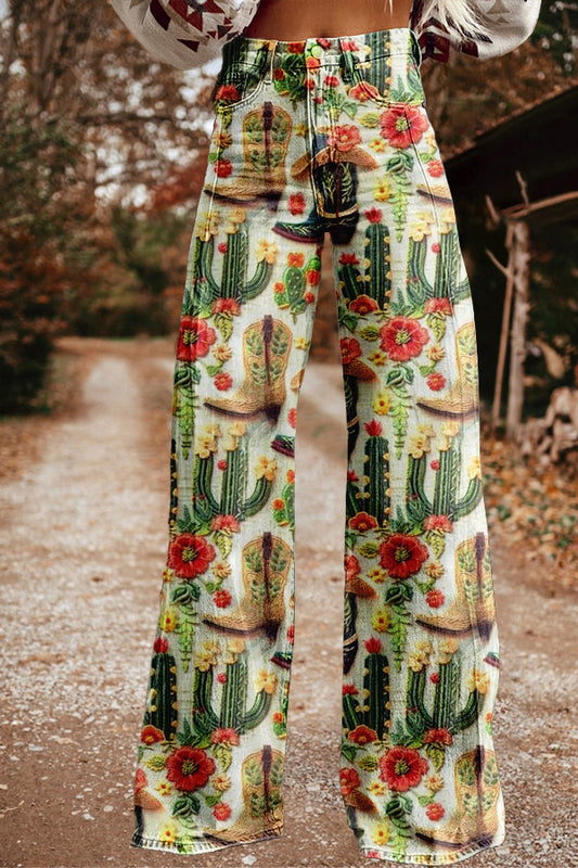 Vintage Western Cactus Wide Leg Pants