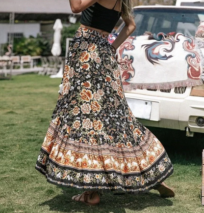 Bohemian floral paisley print ruffled high-low maxi dress