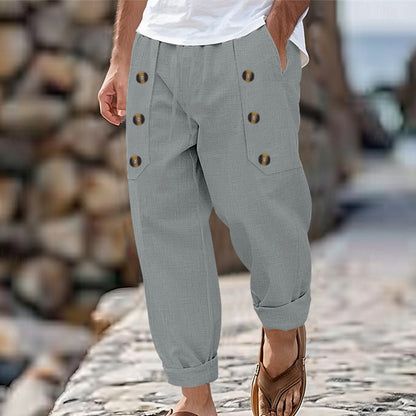 Men's Casual Hawaii Beach Multi Button Cotton Linen Trousers