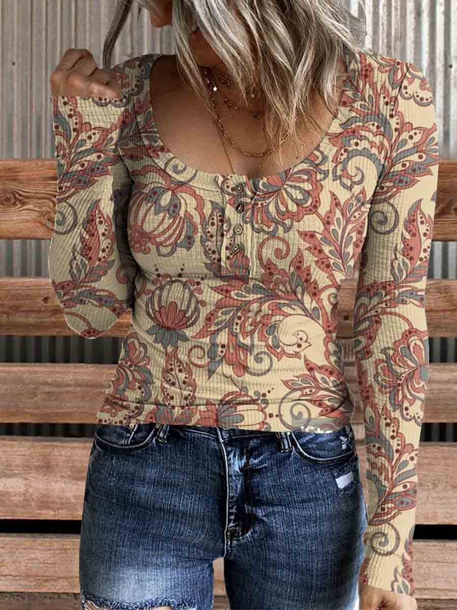 Women's Vintage Floral Print Casual Long Sleeve Comfortable Cotton Henley Top