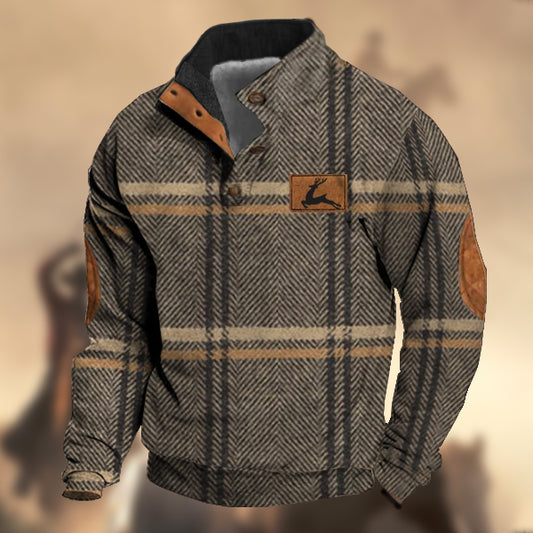 Men's Vintage Country Western Hunting Elk Earthy Khaki Wool Plaid Print Stand Collar Sweatshirt