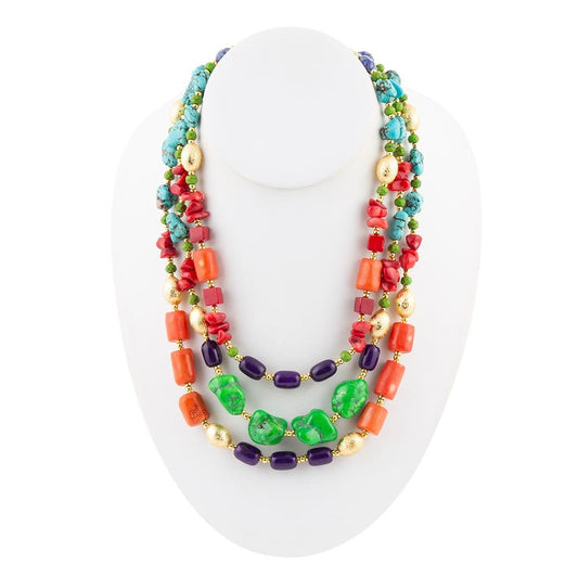 Zion Multi-Color Triple Strand Golden Statement Necklace