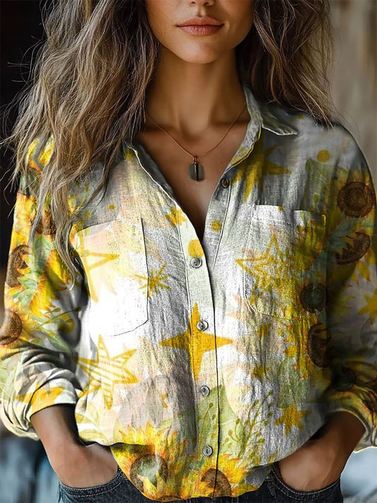 Women's Floral Art Print Casual Long Sleeve Comfortable Cotton Shirt