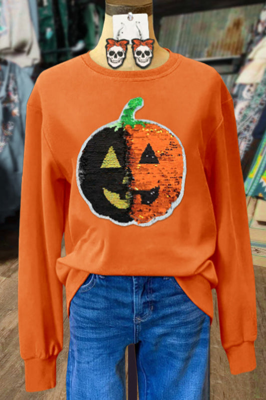 Sequin Pumpkin Long Sleeve Halloween Sweatshirt