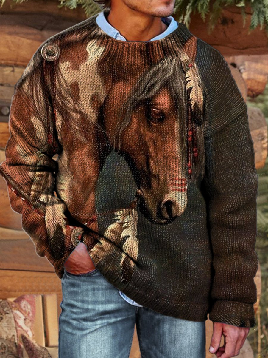 Brown Vintage Western Horse Print Knit Pullover Sweater