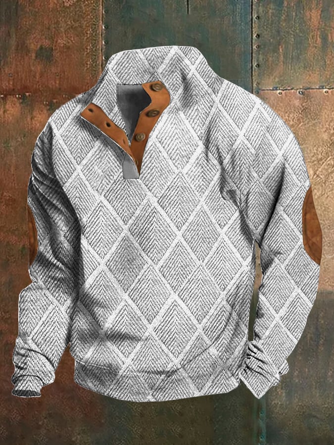 Men's Retro Printed Stand Collar Button Sweatshirt In Plush Fabric