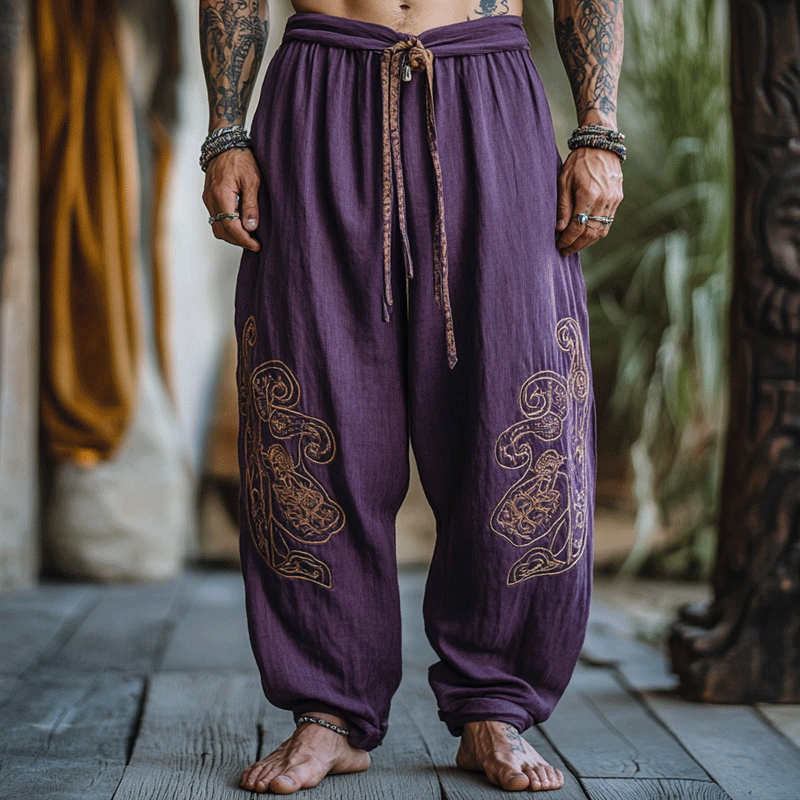 Men's Casual Loose Embroidery Pattern Drawstring Cotton Linen Harem Purple Pants