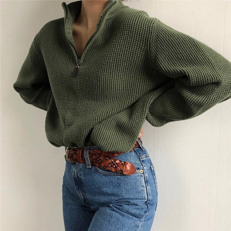 Solid Color Casual Loose Zipper Knit Sweatshirt