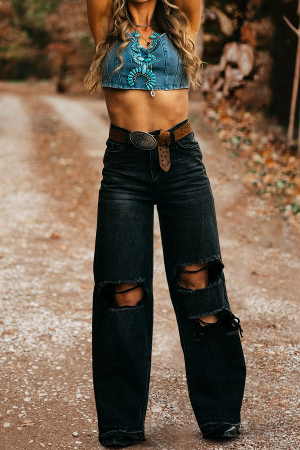 Vintage Washed Ripped Wide Leg Jeans