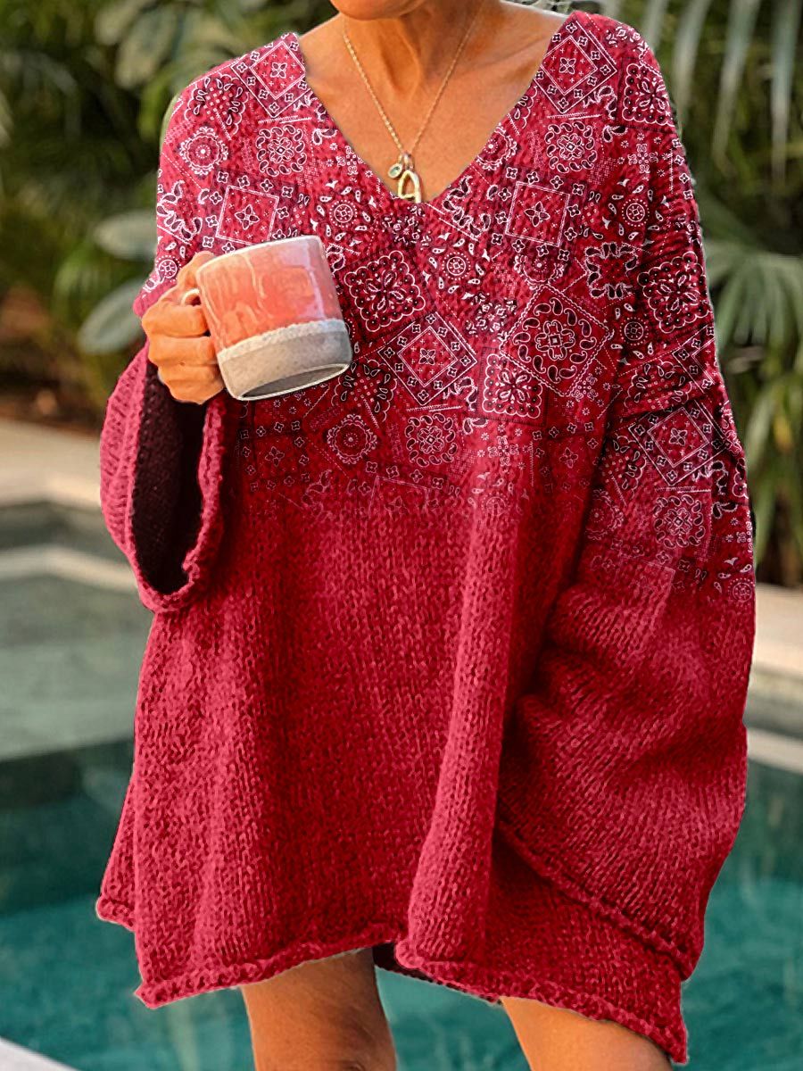 Women's Red Paisley Casual Pullover Sweater