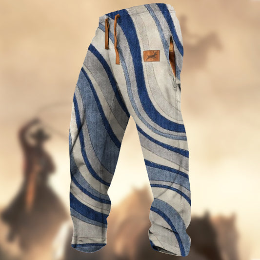 Men's Retro Stripe Print Elk Logo Sports Casual Sweatpants