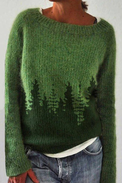 Crew Neck Colorblock Forest Loose Sweater