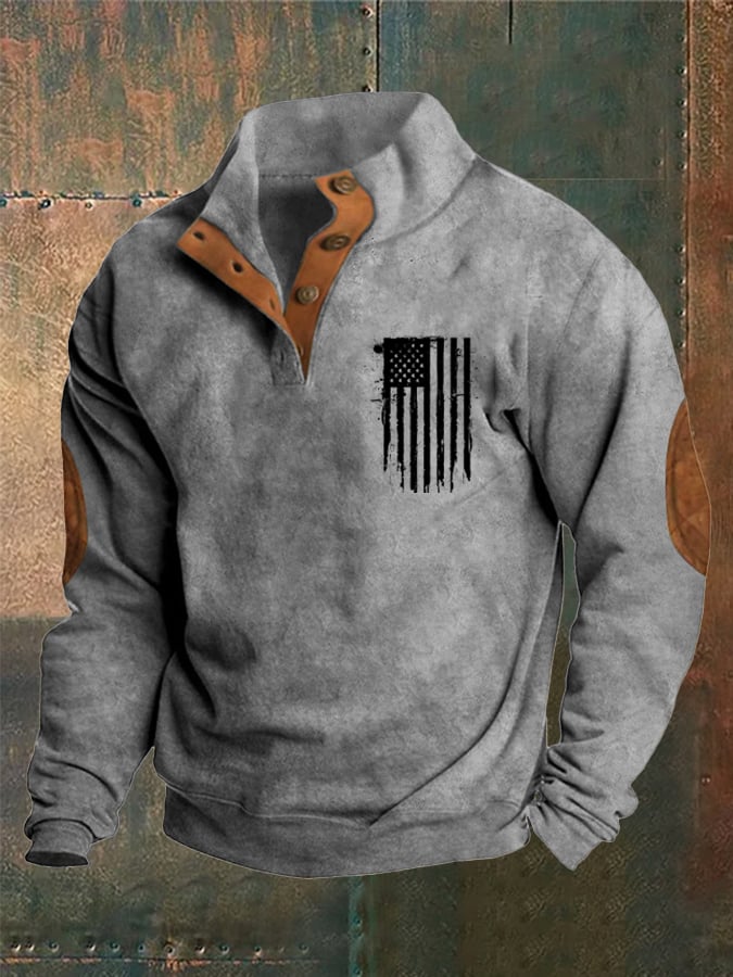 Men's Retro Flag Print Stand Collar Button Sweatshirt