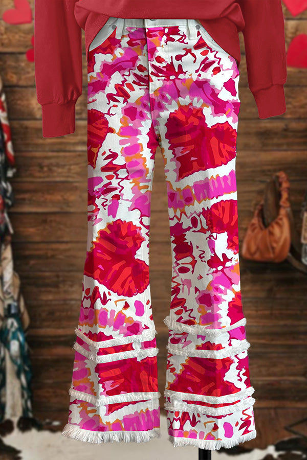 Sweet Valentine's Day Tie-Dye Heart Print Raw Edge Pants